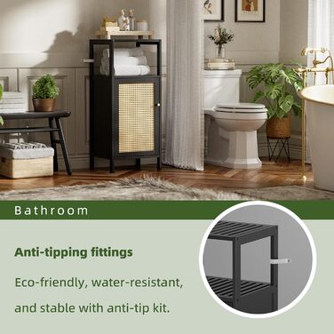 Бамбукова підлогова шафа з ротангом, невелика шафа для зберігання речей у ванній кімнаті з 1 дверцятами та 1 полицею, компактна дерев&39яна кухонна шафа, журнальний столик у передпокій, окремостояча тумба для вітальні (чорна)