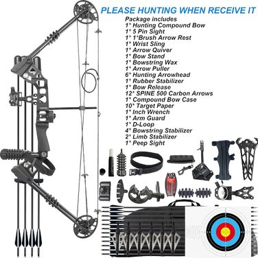 Набір мисливського складеного лука 20–70 lb для дорослих – регульований лук з повним комплектом аксесуарів для полювання, риболовлі, тренувань та стрільби по мішенях, для лівшів, чорний