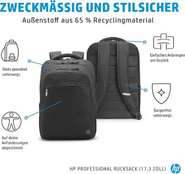 Рюкзак для ноутбука HP Professional 17,3 дюйма, водовідштовхувальний, захист RFID, перероблені матеріали, подвійна застібка-блиска