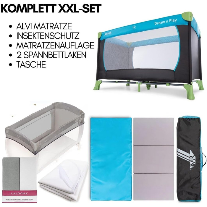 Дитяче ліжечко Hauck Dream N Play XXL з матрацом, сіткою від комах, підстилкою та простирадлом на ремені - Складане дитяче ліжечко з сумкою - Водяний блакитний