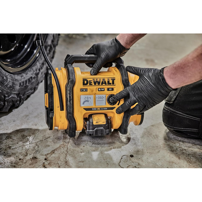 Акумуляторний компактний компресор Dewalt (підключення 12 В або акумулятор 18 В, 11 бар, для велосипедних та автомобільних шин, інвалідних візків, надувних човнів, повітряних подушок та матраців, включаючи аксесуари, без акумулятора та зарядного пристрою)