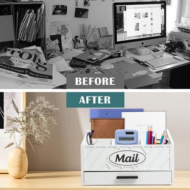 Дерев&39яний настільний органайзер для пошти, робочий органайзер для пошти з 6 відділеннями та шухлядою для офісу, школи, рахунків та документів, білий дерев&39яний настільний органайзер