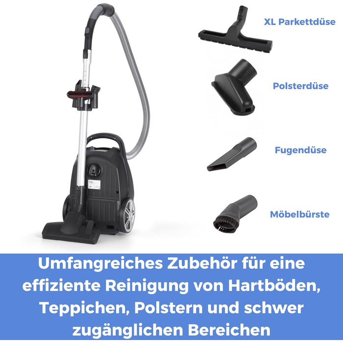 Пилосос з мішком Fakir Blue Vac Power TS 721, 800 Вт, з кабелем, HEPA H14 фільтр, тихою високоефективною мотором 69 дБ(А), містком для пилу 3 л та радіусом дії 12 м, чорний/синій