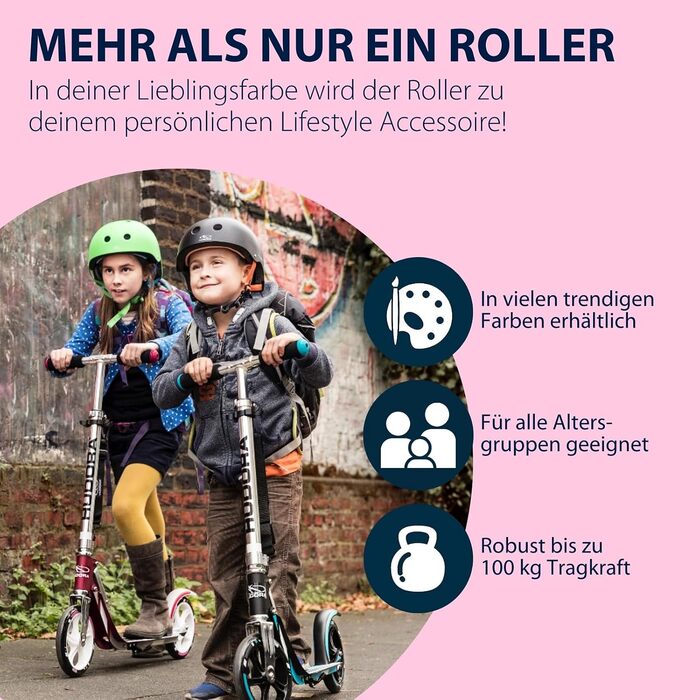 Самокат HUDORA BigWheel 205 стабільний алюмінієвий міський самокат, складаний, з регулюванням висоти та підніжкою, для дітей та дорослих (до 100 кг), білий/рожевий