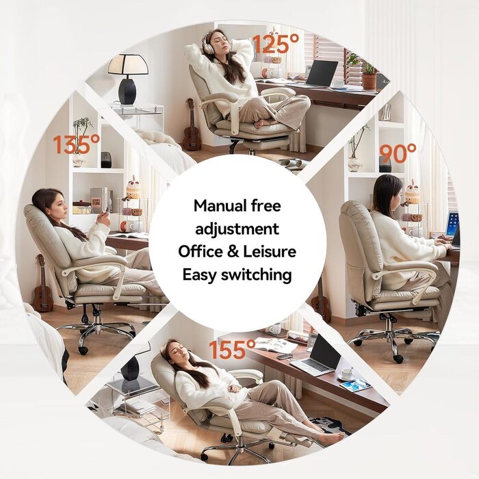 Ергономічне офісне крісло EMIAH з підставкою для ніг, регульоване стільце зі штучної шкіри, зручне сучасне косметичне крісло з колесами, миле комп&39ютерне крісло із середньою спинкою для дому, вантажопідйомність до 150 кг, бежева штучна шкіра