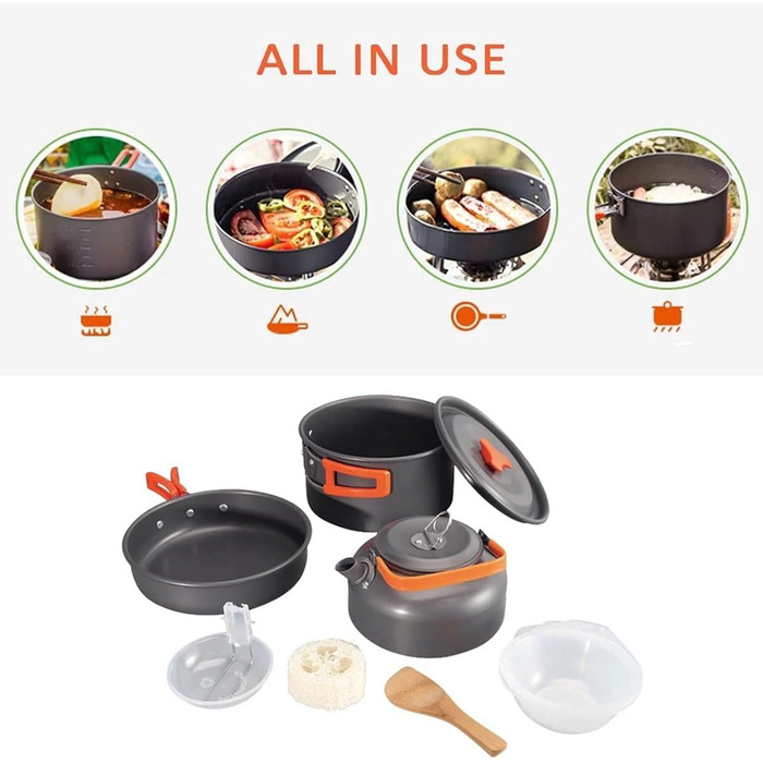Набір посуду SMHLINE для кемпінгу, 10 предметів каструля 2л, сковорода 0.7л, чайник 1.1л для приготування їжі на природі, походів та подорожей
