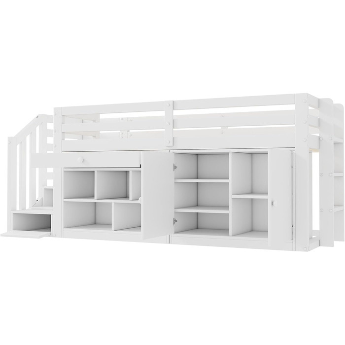 Дитяче ліжко 90x200, ліжко-горище з письмовим столом, шафою для зберігання та сходами для зберігання, дерев&39яне ліжко із захистом від падіння та рейковою основою, односпальне ліжко, дитяче ліжко, функціональне ліжко, ліжко з місцем для зберігання, карка