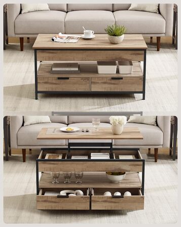 Журнальний столик VASAGLE, стіл для вітальні з регульованою висотою, журнальний столик, з шухлядами, відкритий відсік, 50 x 100 см, колір верблюжого коричневого кольору - чорнильний LCT209K02 63 см x 50 см x 100 см, колір верблюжого коричневого кольору чо