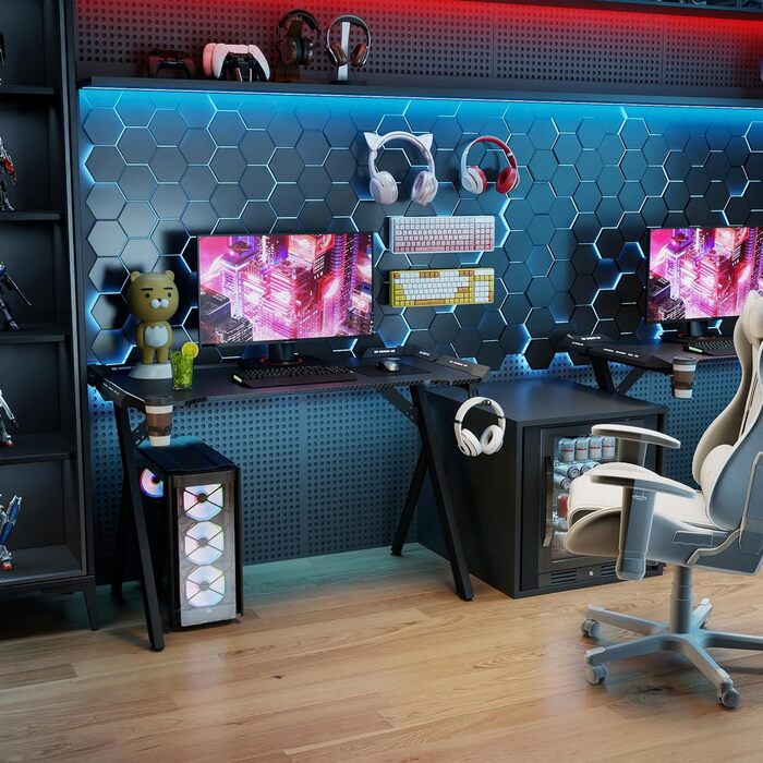 Ігровий стіл зі світлодіодним підсвічуванням та вуглецевим волокном, ергономічний комп&39ютерний стіл з RGB-підсвічуванням, ігровий стіл з Y-подібними ніжками, ПК-стіл з тримачем для навушників - чорний, 120x60x75 см