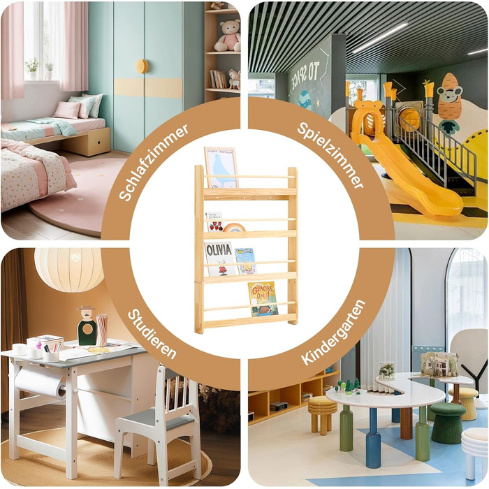 Дитяча книжкова полиця SoBuy, настінна полиця для дитячої кімнати, дитяча полиця, полиця для зберігання з 4 полицями для книг, іграшок та прикрас, меблі для дитячої кімнати, натуральний колір, 80x118x12 см KMB08-N