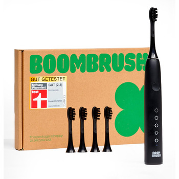 Електрична зубна щітка BOOMBRUSH - звукова зубна щітка з батареєю на 90 днів, включаючи 5 щіток - чорна - Ефективна звукова технологія - електрична зубна щітка для чищення порожнини рота Black Starter Kit 5 щіток