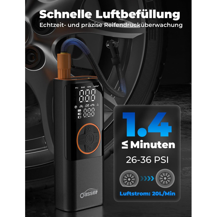Електричний повітряний насос Oasser з подвійним дисплеєм 6000mAh 150 PSI, акумуляторний компресор з 3M 12V прикурювача для автомобіля, мотоцикла, велосипеда, м&39яча, подорожей, кемпінгу
