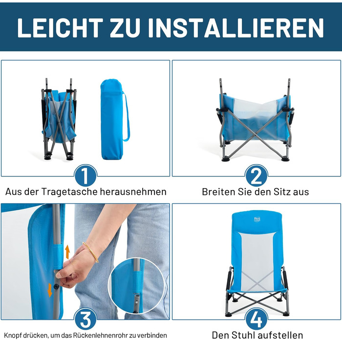 Пляжне крісло TIMBER RIDGE, складне, легке, кемпінгове крісло з високою спинкою, складне з низькими ніжками, спинка з дихаючої сітки, синє