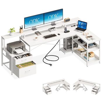 Письмовий стіл ODK з шухлядами, 189,3100 см, двосторонній кутовий стіл, великий, з 2 розетками та портом зарядки USB, L-подібний стіл з місцем для зберігання, ігровий стіл для домашнього офісу, білий 189,310088,7 см