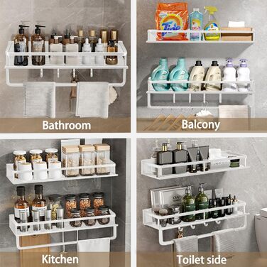 Полиця для душу Devesanter, 2 шт., 40 см, без свердління, для ванної кімнати, з тримачем для рушників та 4 гачками для спальні, вітальні, кухні та ванної кімнати (біла) 40 см