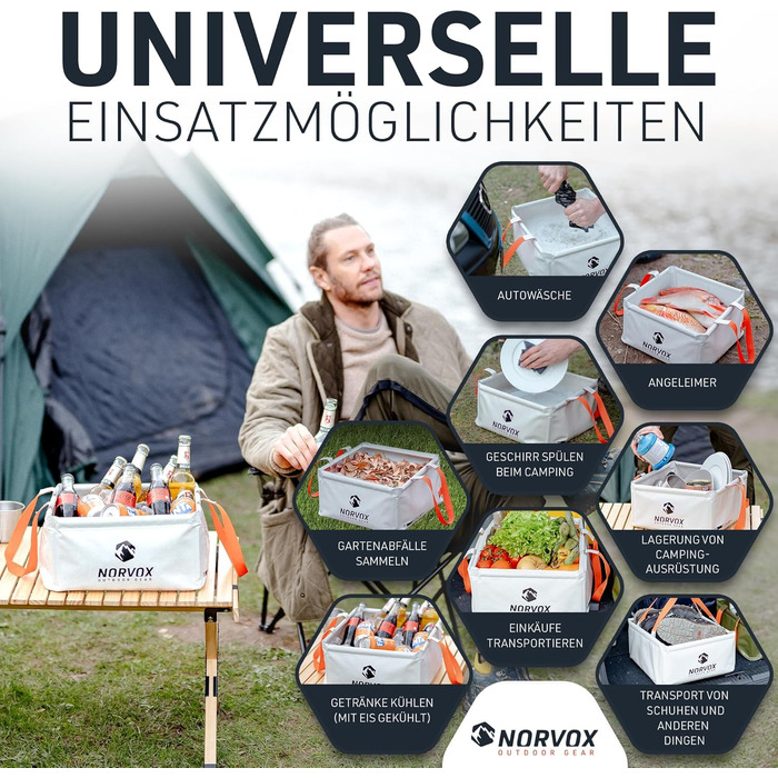 Складана чаша для вулиці - 15 л або 20 л - універсальна як миска для миття посуду, умивальник, корито для миття посуду або як складне відро Крижано-сірий помаранчевий - 20 л