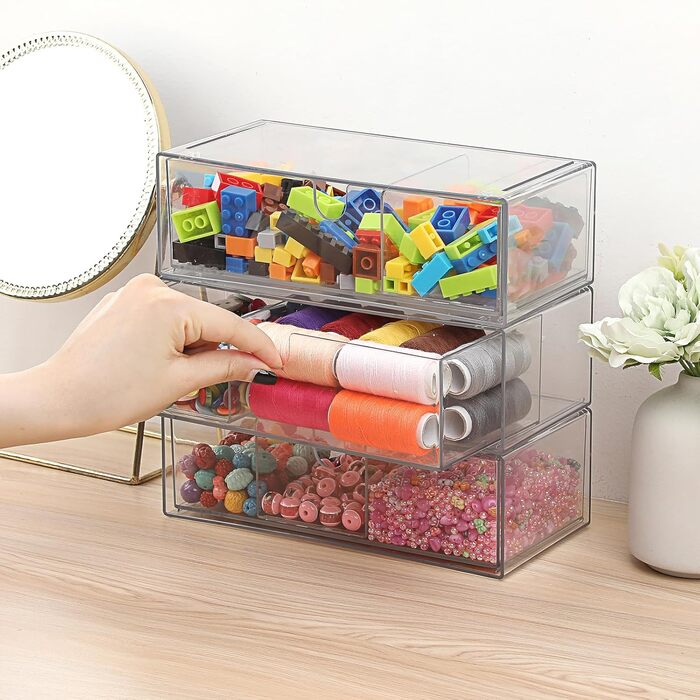 Акрилова коробка для зберігання з 3 шухляд, штабелюваний органайзер для косметики, прозора шухляда зі знімними роздільниками для ювелірних виробів, товарів для здоров&39я, кавових капсул, канцелярського приладдя
