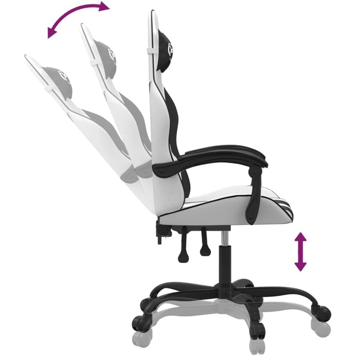 Геймерське крісло, біла та чорна штучна шкіра, з регульованою спинкою та висотою, офісне крісло з поворотом на 360 градусів, коліщатками та міцним металевим каркасом для ергономічного сидіння, 36,5 x 42 см (Ш x Г), білий колір