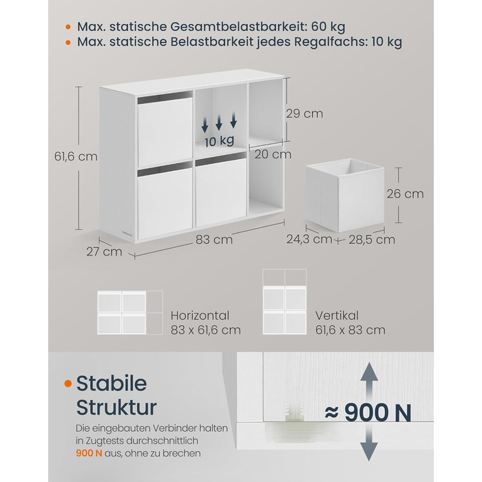Книжкова полиця SONGMICS HOME, надшвидке складання без інструментів, технологія без інструментів, 6-рівнева полиця, окремостояча полиця, 4 шухляди з тканини, система полиць, 27 x 83 x 61,6 см, білосніжний LBC196W01, 6 рівнів (61,6 висоти см)