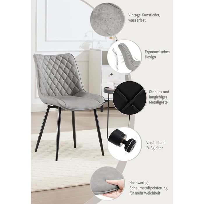 Обідні стільці WOLTU, Комплект з 2 шт. , Кухонні стільці, Стільці для вітальні, М&39які стільці зі спинкою, Для їдальні, Кухні, Вітальні, Офісу, Сидіння зі штучної шкіри, Металеві ніжки, Сірий BH210gr-2 Сіра штучна шкіра
