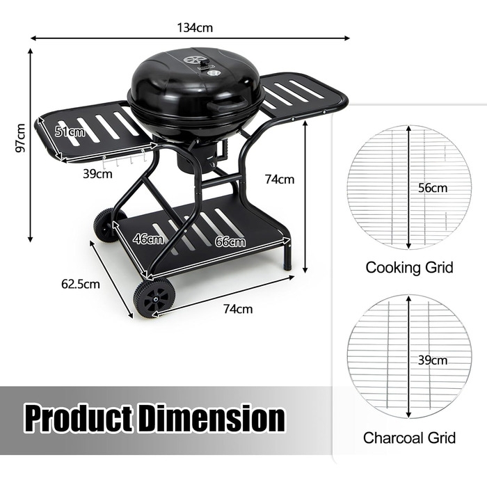 Мангал на вугіллі 57см з колесами, візок для барбекю на 2-6 осіб, піддон для вугілля з золовловлювачем, бічні полиці, гачки, зольн