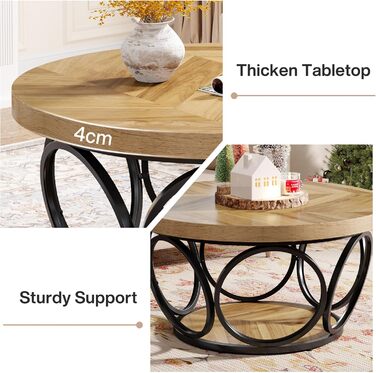 Круглий журнальний столик Tribesigns, круглий дерев&39яний стіл 80 см, великий круглий стіл для вітальні у фермерському стилі з 2-ярусним місцем для зберігання, сучасний простий коричневий чайний столик (під дерево)