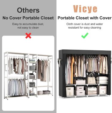 Шафа, розкладна шафа, 170*45*167 см, тканинна шафа з міцною вішалкою для одягу, з кришкою, 4 полицями для зберігання речей та 4 вішалками для одягу, текстильна шафа для спальні/підвалу (чорна)