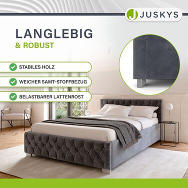Ліжко Juskys Nice з м&39якою оббивкою 120x200 см, оксамитове, з місцем для зберігання, світлодіодним освітленням та рейковою основою - стьобане узголів&39я та честерфілдська стьобана тканина - каркас ліжка - сірий 120 x 200 см
