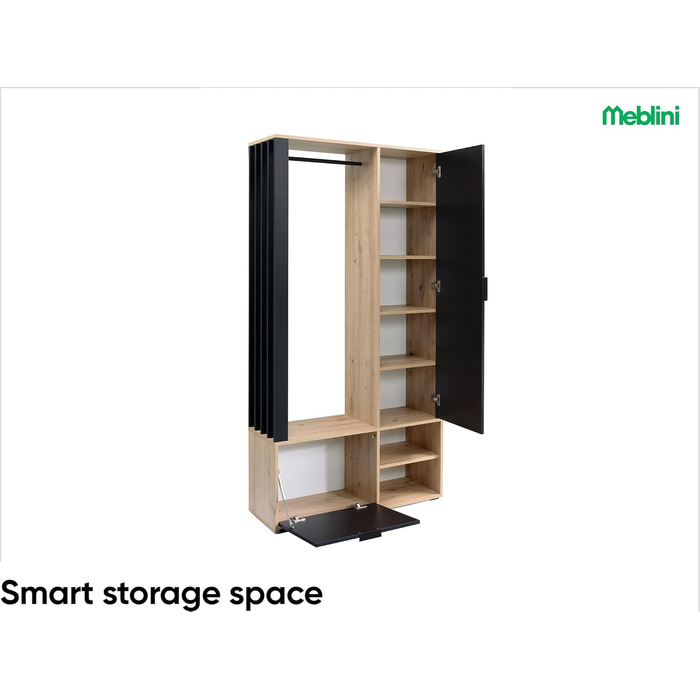 Шафа для передпокою з дзеркалом - Гардеробна шафа - Вузька шафа для передпокою - Комплект меблів для передпокою - Висока шафа для передпокою - Мілано - 100x33x190 см П/Л - Дуб Артісан/Чорний