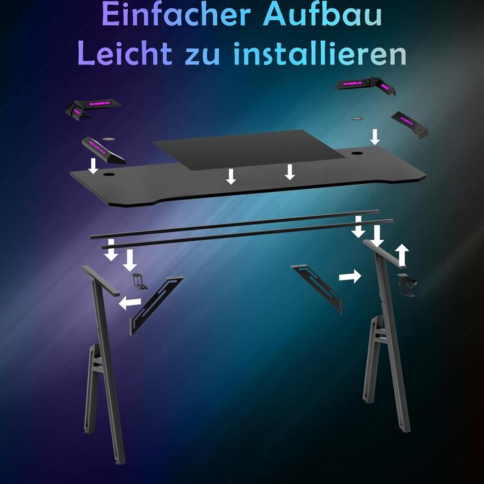 Ігровий стіл AufuN зі світлодіодним освітленням, комп&39ютерний стіл, ігровий стіл 120 x 60 см, міцний ПК-стіл з вуглецевим волокнистим покриттям, ергономічний ігровий стіл з гачком для навушників та підставкою для чашок, чорний 120x60 см