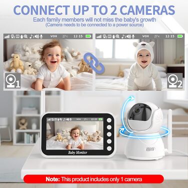 Радіоняня з камерою 4,3-дюймовий відеомонітор 720p 2000mah Батарея Відеозапис Цифрове збільшення Двостороннє аудіо Режим VOX Нічне