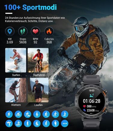 Чоловічий смарт-годинник LIGE з функцією телефону, 1,39-дюймовий військовий смарт-годинник з 24-годинним серцевим ритмом, артеріальним тиском, тривалістю сну, понад 100 спортивними режимами, фітнес-годинник, понад 300 циферблатів, водонепроникний IP67, чо