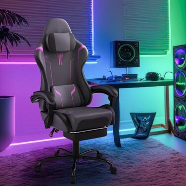 Ігрове крісло, ергономічне офісне крісло, регульоване та поворотне ігрове крісло, регульована висота, робоче крісло з підставкою для ніг та поперековою опорою, ігрове крісло, поверхня PU - чорний та фіолетовий, сірий та фіолетовий, PU