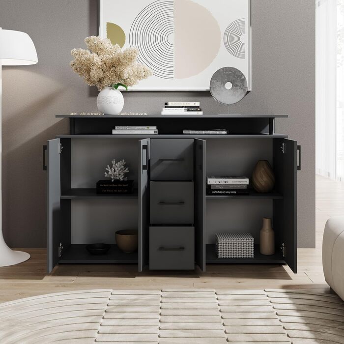 Висока комод Drift з полицею антрацитового кольору - Сучасна шафа для вітальні з шухлядами та великою кількістю місця для зберігання речей - 139 x 90 x 34 см (Ш/В/Г)