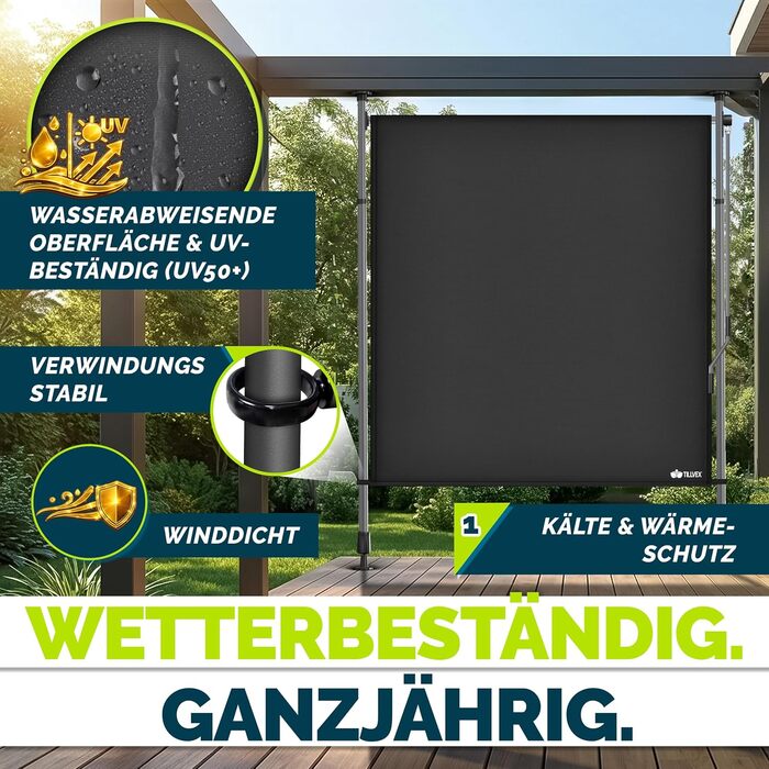 Вертикальна маркізка tillvex із затискачем та ручним приводом, свердління не потрібне Розсувна та непрозора ширма для забезпечення конфіденційності Вертикальна маркізка для балкона, тераси, саду Всепогодна штора для забезпечення конфіденційності (Антрацит