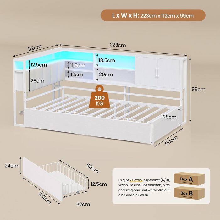 М&39яке ліжко/диван-ліжко 90x200 зі світлодіодним освітленням, зарядною станцією, кушеткою, дитячим ліжком з 2 шухлядами та металевим рейковим каркасом, узголів&39ям з місцем для зберігання, відкритими полицями, шафою, біле 90 x 200 см