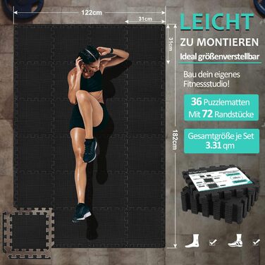 Захисний килимок для підлоги для фітнесу 331 см, килимок-головоломка 24/36/48, спортивний килимок з EVA, нековзний, килимок для підлоги для тренажерного залу та фітнес-обладнання 3,31 кв.м./36 килимків - чорний