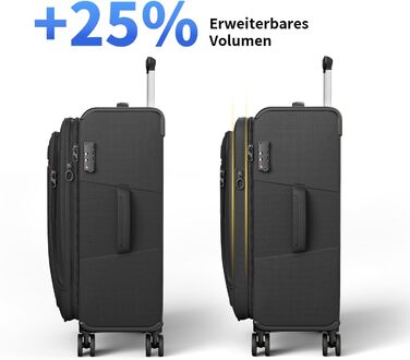 Розширюваний валіза-кейc з мяким корпусом - ручна поклажа, малий розмір 55x38x23 см, тканинний валіза на колесах, водонепроникний, з 4 колесами та TSA замком, обєм 48 літрів, чорний S Чорний