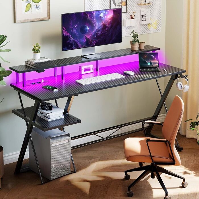 Ігровий стіл SEVEN WARRIOR зі світлодіодним освітленням та розетками, ігровий стіл з підставкою для монітора, комп&39ютерний стіл з 2 гачками, ідеально підходить для кабінету, спальні, вітальні, 100 x 47 x 87 см