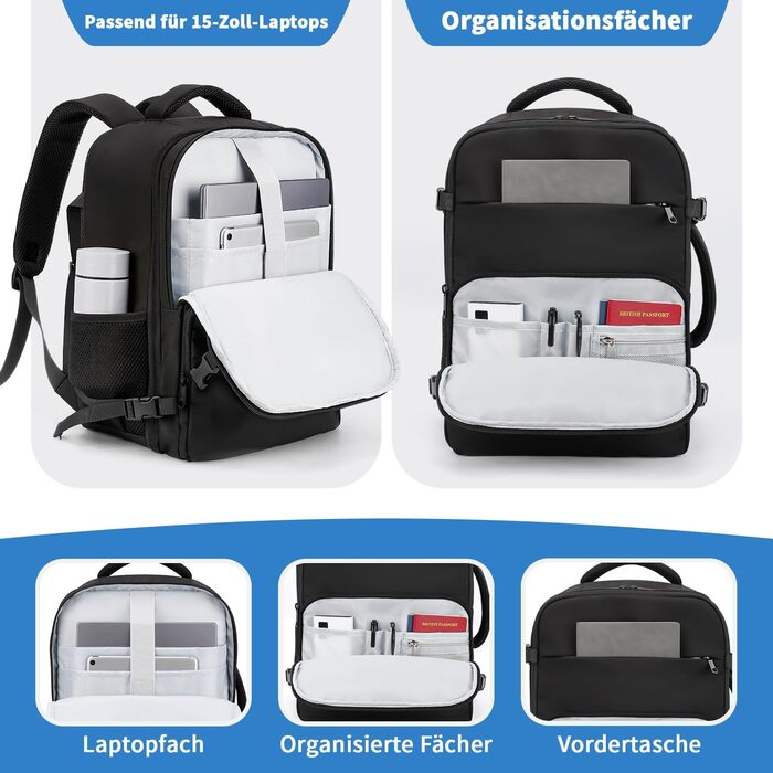 Для ручної поклажі Ryanair 40x30x20, рюкзак для подорожей з ручною поклажею об&39ємом 24 л для чоловіків та жінок, рюкзак для ноутбука 15 дюймів, сумка для ручної поклажі, невеликий рюкзак для літака 40x30x20 Eurowings, чорний