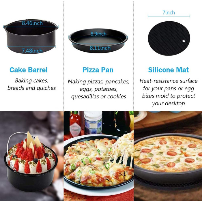 Аксесуари для фритюрниці 22 см XL 7 шт. з формою для кексів, формою для піци, силіконовою чашкою для випічки, кулінарною книгою рецептів для 5.3Qt - 6.8Qt Пароварка для фритюрниці 22.9 см - 7 шт.