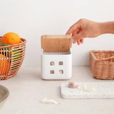 Банка для часнику - Керамічна з бамбуковою кришкою - Зберігання часнику з вентиляційними отворами для оптимального збереження - Часниковий горщик 11,5 x 11,5 x 11,5 см (Білий) Банка для часнику Білий