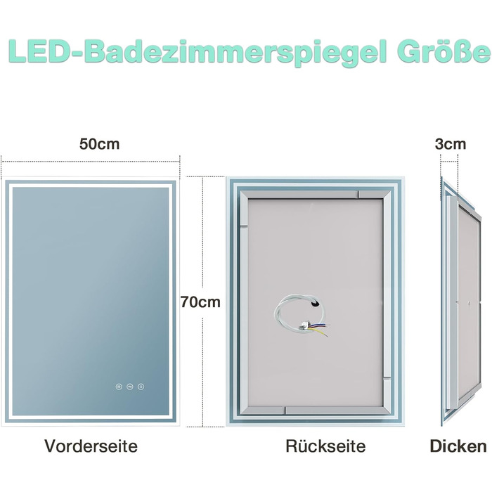 Дзеркало для ванної кімнати з підсвічуванням 50x70 см, 3 кольори світла, світлодіодне дзеркало для ванної кімнати з регулюванням яскравості, проти запотівання, дзеркало для ванної кімнати з підсвічуванням прямокутне, сенсорний вимикач, вибухозахищене скло