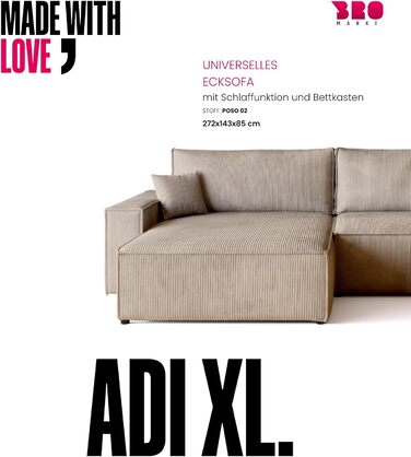 Диван з функцією сну, Диван з вельветової тканини, Короб для ліжка, Розкладний диван для вітальні, Кутовий диван, Окремостоячий, Adi XL Relax Sofa, 3-місний, 272x143x85 см, Бежевий, Дуже великий