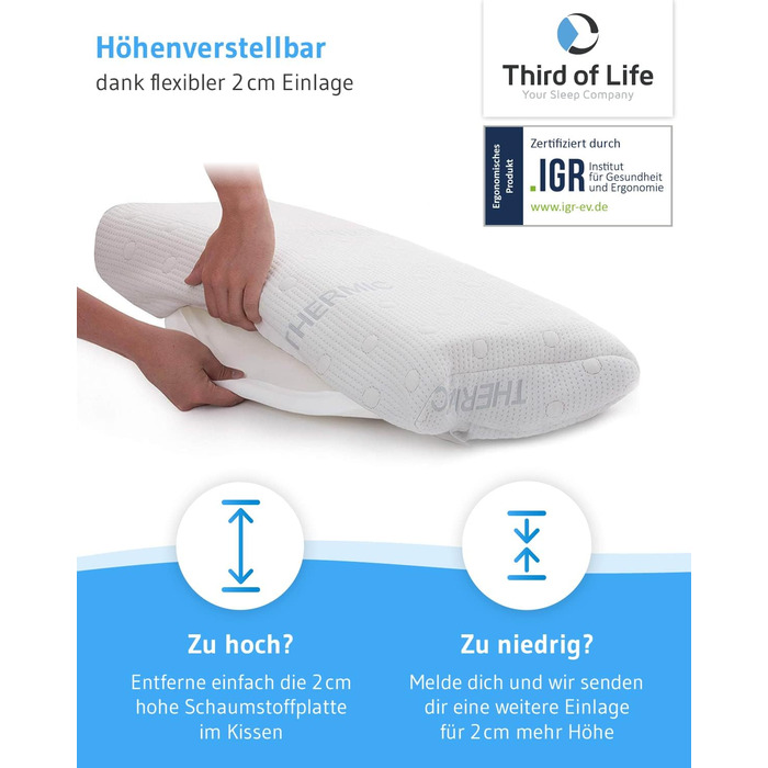 Подушка Third of Life HADAR 40x80 см, регульована по висоті, високоякісна піна з ефектом пам&39яті для підтримки шийного відділу хребта, подушка для підтримки шиї з терморегулюючим чохлом, ергономічна подушка для шийного відділу хребта, підходить для чохл