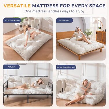 Матрац MAXYOYO футон, тканина шенил, товщина 15 см, може використовуватися як диван-ліжко, виготовлений на ґудзиках, складний гостьовий матрац для вітальні/спальні, кремовий, 135 x 200 см
