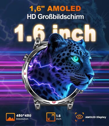 Військовий смарт-годинник для чоловіків, спортивний GPS-годинник з 1,6-дюймовим AMOLED HD-дисплеєм, функціями телефону/чату/GPT/AI/5 спортивних режимів GPS/100 спортивних режимів, фітнес-годинник для Android та iOS (чорний)