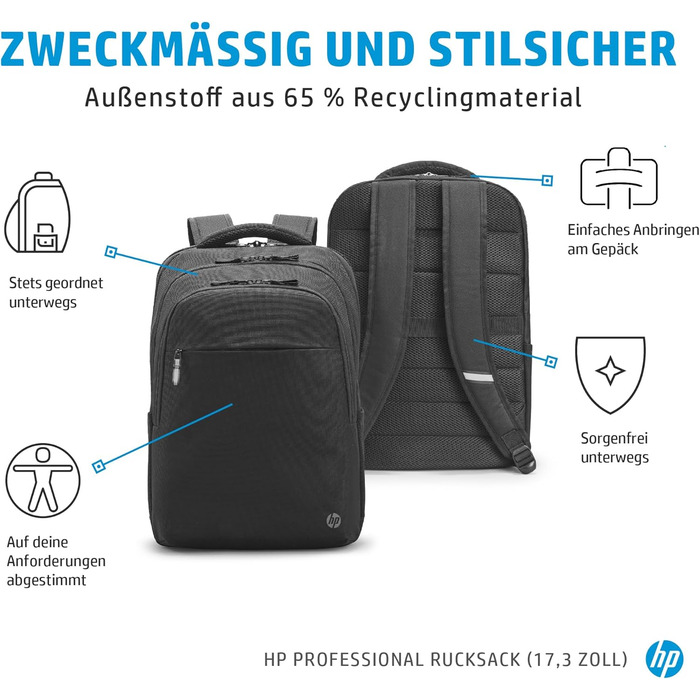 Рюкзак для ноутбука HP Professional 17,3 дюйма, водовідштовхувальний, захист RFID, перероблені матеріали, подвійна застібка-блиска