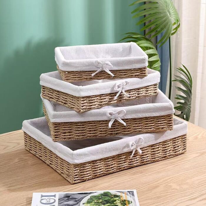 Набір із 4 хлібних кошиків, плетений декоративний кошик, плетений хлібний кошик ручної роботи з паперової мотузки, піднос для полиць, хлібниця з лляною тканиною, кошики для зберігання 4 розмірів, коричневий