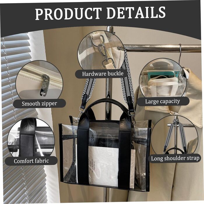 Прозора сумка-шопер з внутрішньою кишенею на блискавці, містка жіноча сумка з ручками та знімним ременем, ідеальна для спортивних заходів та концертів